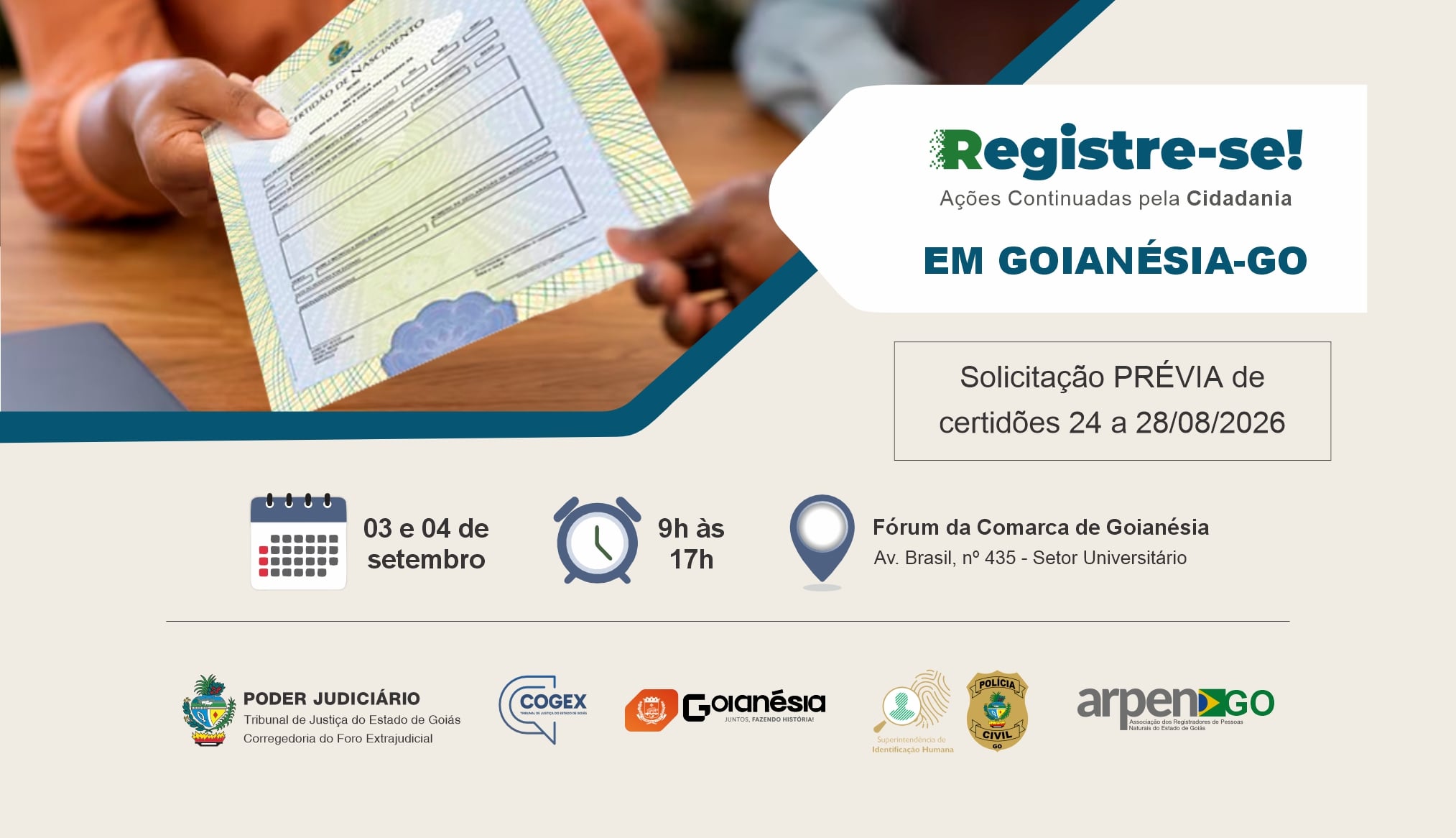 Cogex: Ações Continuadas pela Cidadania do Registre-se! serão realizadas nos 3 e 4 de setembro, em Goianésia