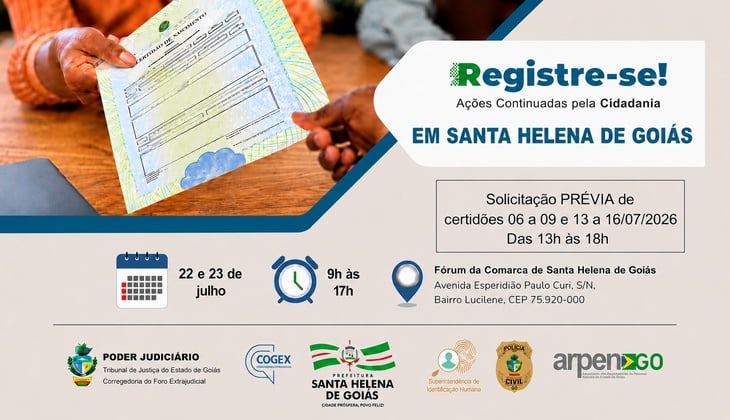 Cogex: Ações Continuadas pela Cidadania do Registre-se! serão realizadas nos dias 22 e 23 de julho, em Santa Helena de Goiás