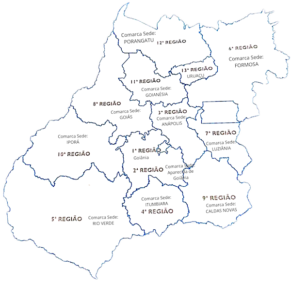 Mapa de Goiás com as 13 Regionais Judiciárias