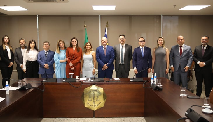 Foto colorida, em ambiente interno institucional. Um grupo de cerca de 14 pessoas adultas está posicionado lado a lado, em pé, atrás de uma grande mesa de reuniões de madeira. Todas vestem trajes formais, como ternos, gravatas e vestidos sociais, em tons variados de azul, cinza, preto, bege e cores mais claras.  À frente do grupo, a mesa possui microfones, copos com água, garrafas e alguns papéis organizados, indicando um ambiente de reunião ou cerimônia oficial. No centro da mesa, há um brasão dourado com o símbolo da balança da Justiça.  Ao fundo, vê-se uma parede neutra e duas bandeiras em suportes: uma com as cores verde e amarelo e outra predominantemente azul, reforçando o caráter institucional do local. A iluminação é clara e uniforme, com luminárias no teto. Todas as pessoas olham para a câmera, com expressões neutras ou levemente sorridentes, em postura formal.