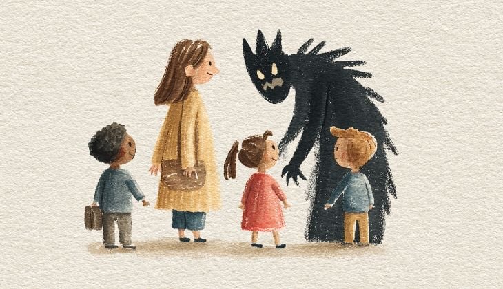 Ilustração em estilo infantil, com textura semelhante a pintura em papel. A cena mostra uma mulher adulta e três crianças diante de uma figura sombria e ameaçadora.  À esquerda, um menino de pele escura e cabelo curto e encaracolado usa blusa azul e calça cinza, segurando uma pequena mala. Ao lado dele está uma mulher de pele clara, com cabelo castanho na altura dos ombros, vestindo um casaco longo amarelo e carregando uma bolsa marrom.  À frente da mulher estão duas crianças: uma menina de vestido vermelho, com cabelo preso em um pequeno rabo de cavalo, e um menino de blusa azul e calça clara. Eles parecem olhar para uma figura grande e negra, posicionada à direita da imagem.  Essa figura tem aparência monstruosa, com corpo alto, escuro e irregular, braços alongados, dedos pontudos, olhos claros e um sorriso assustador. Suas costas têm pontas ou espinhos que lembram sombras ou penas eriçadas. A criatura se inclina na direção das crianças, criando uma atmosfera de tensão.  O fundo é claro e neutro, sem cenário definido, destacando os personagens e a sensação simbólica de ameaça.