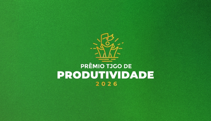 Imagem com fundo em degradê de verde, mais escuro nas bordas e mais claro ao centro. No meio, há um ícone estilizado em amarelo que lembra um troféu com elementos geométricos e linhas que sugerem destaque ou brilho. Abaixo do ícone, está o texto em branco, em letras maiúsculas: “PRÊMIO TJGO DE”. Logo abaixo, em fonte maior e mais destacada, lê-se “PRODUTIVIDADE”. Na sequência, em amarelo, aparece o ano “2026”. A composição é centralizada, com design limpo e institucional.